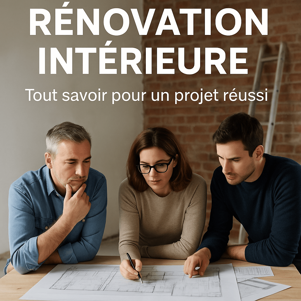 Trois professionnels de la rénovation intérieure à Toulouse réfléchissent ensemble autour de plans d’architecte, symbolisant la préparation et la coordination d’un projet réussi avec un maître d’œuvre.