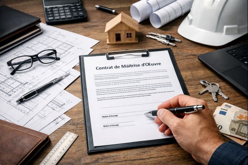 Bureau de maîtrise d’œuvre avec contrat signé, plans architecte et maquette de maison, illustrant un contrat de maîtrise d’œuvre.